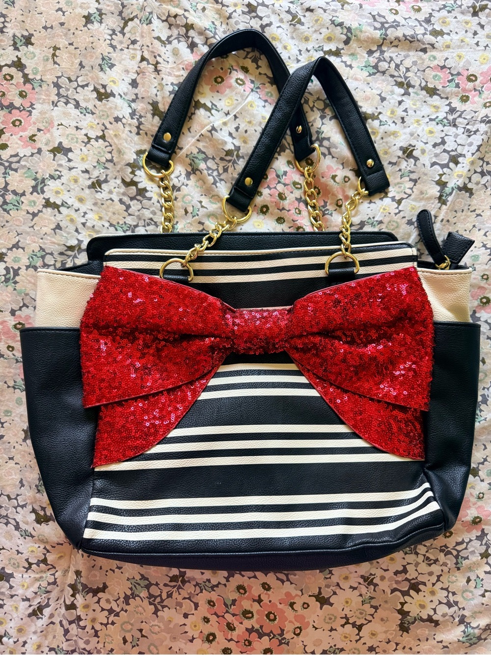 Betsey Johnson Black & White Striped Tote with Red Sequin Bow